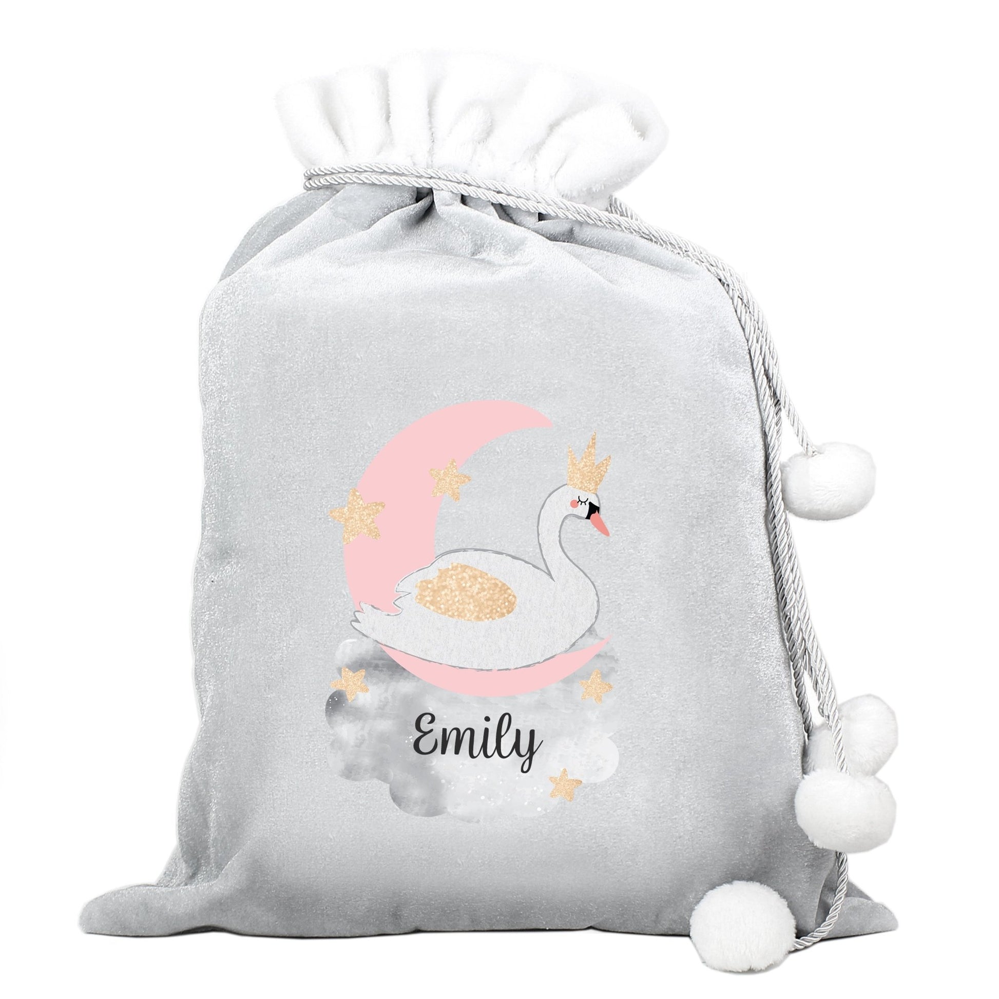 Personalised Swan Lake Luxury Silver Grey Pom Pom Sack | Inspired Creative Gifts | UK Supplier