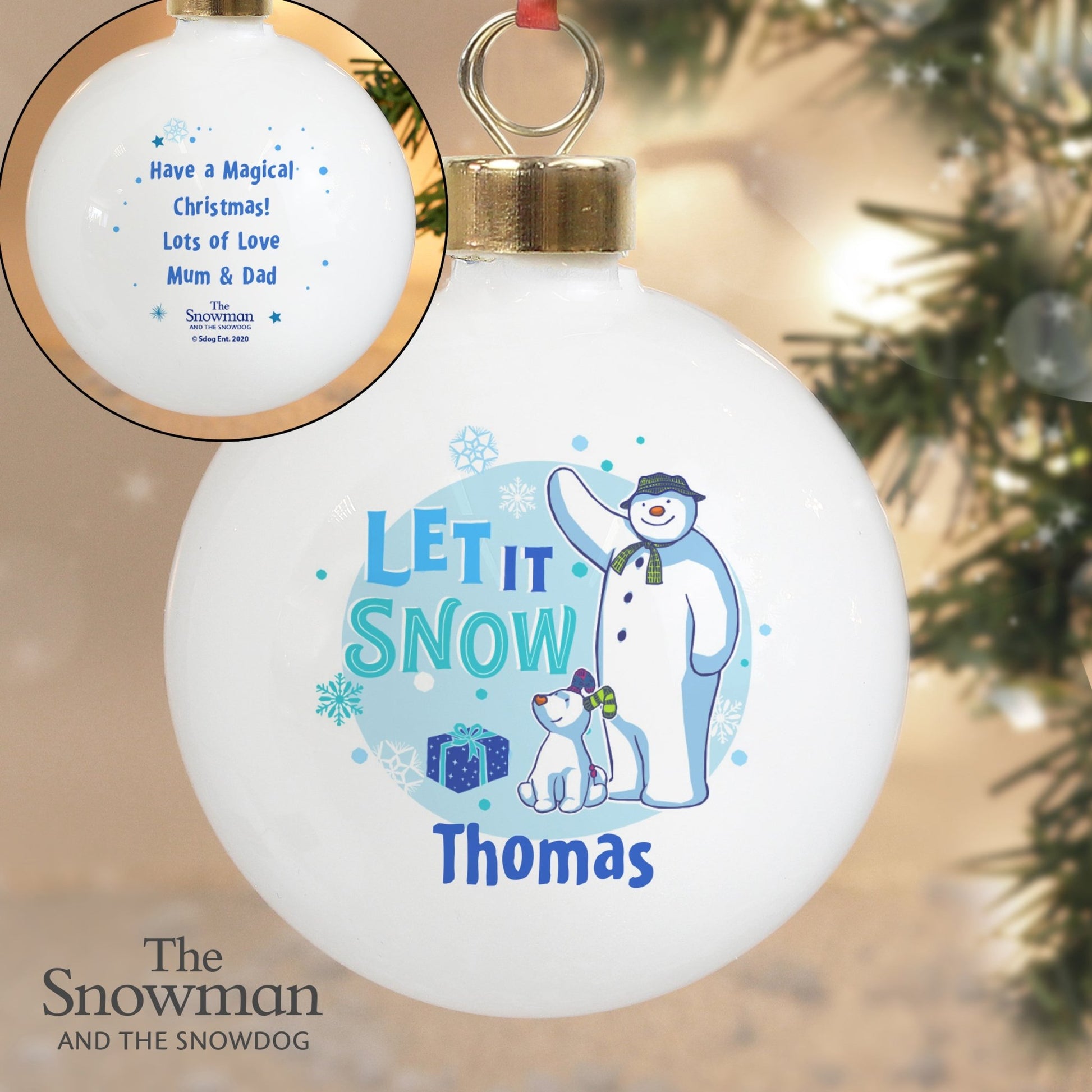 Personalised The Snowman and the Snowdog Blue Bauble | Inspired Creative Gifts | UK Supplier
