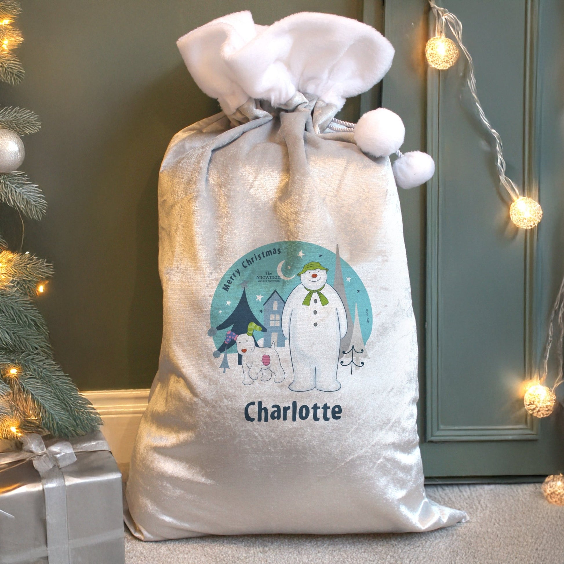 Personalised The Snowman and the Snowdog Luxury Silver Grey Pom Pom Sack | Inspired Creative Gifts | UK Supplier