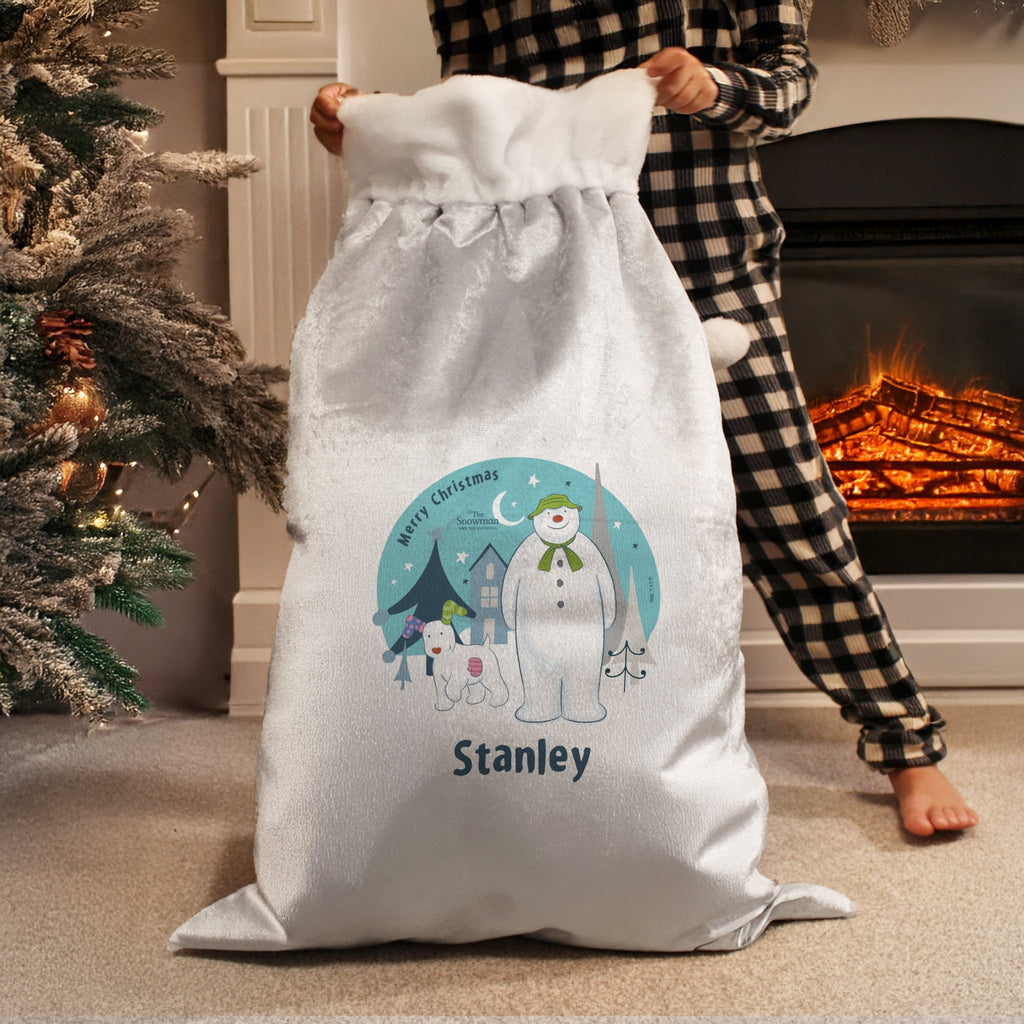 Personalised The Snowman and the Snowdog Luxury Silver Grey Pom Pom Sack | Inspired Creative Gifts | UK Supplier
