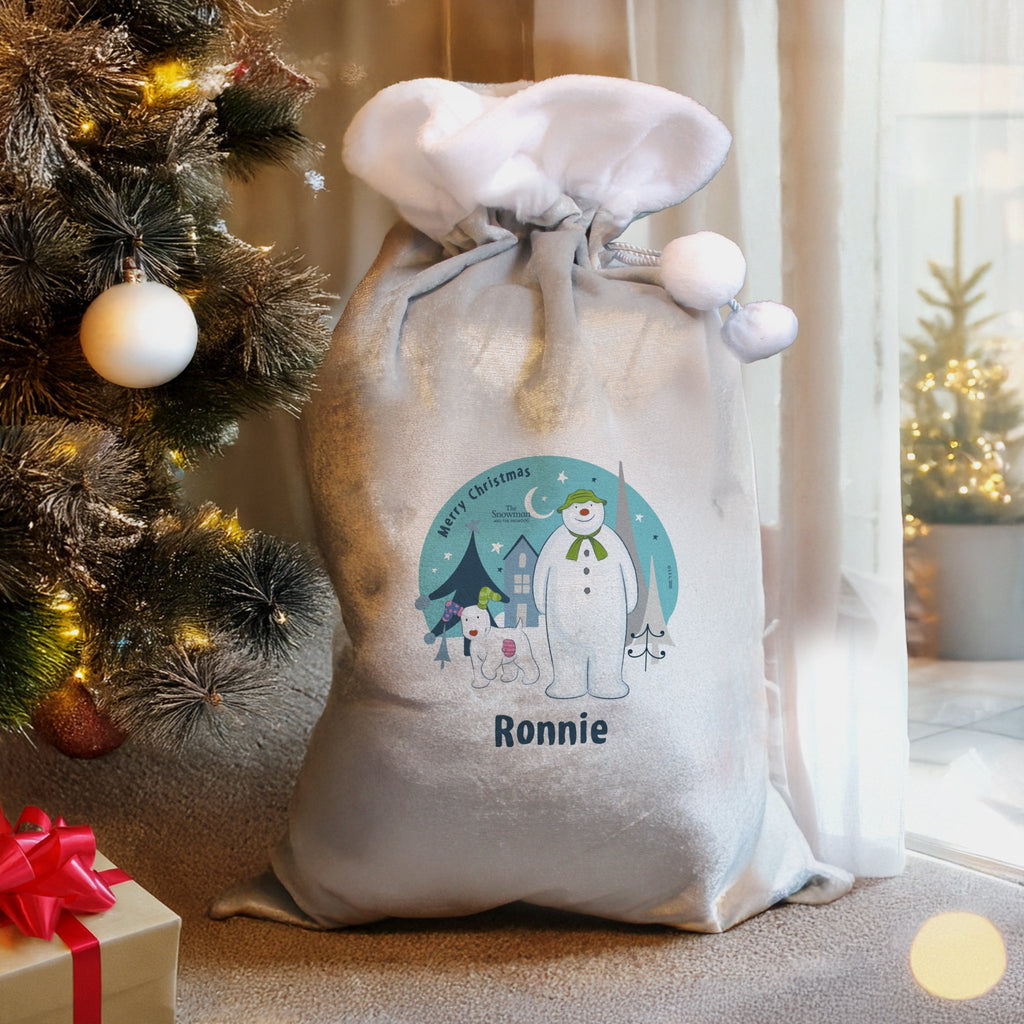 Personalised The Snowman and the Snowdog Luxury Silver Grey Pom Pom Sack | Inspired Creative Gifts | UK Supplier