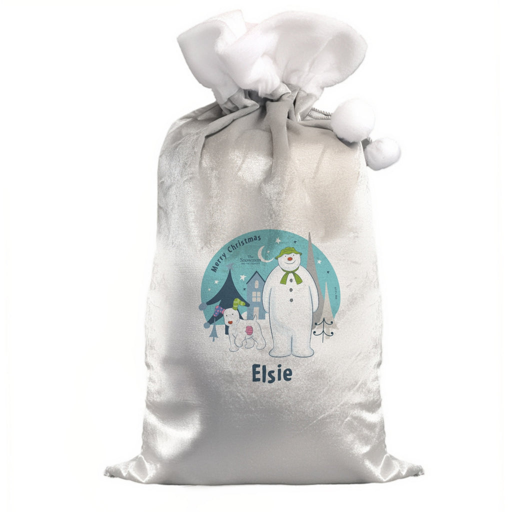 Personalised The Snowman and the Snowdog Luxury Silver Grey Pom Pom Sack | Inspired Creative Gifts | UK Supplier