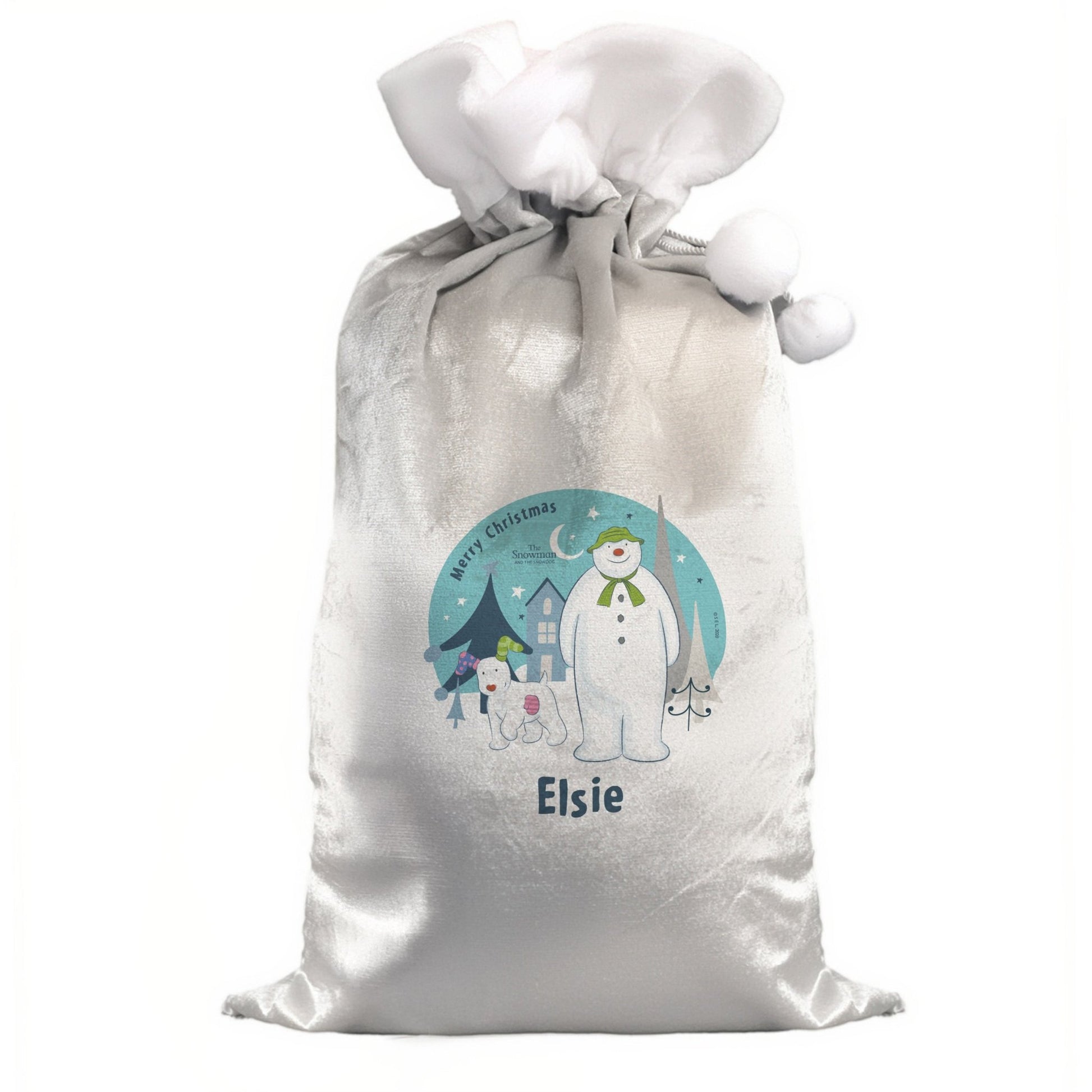 Personalised The Snowman and the Snowdog Luxury Silver Grey Pom Pom Sack | Inspired Creative Gifts | UK Supplier