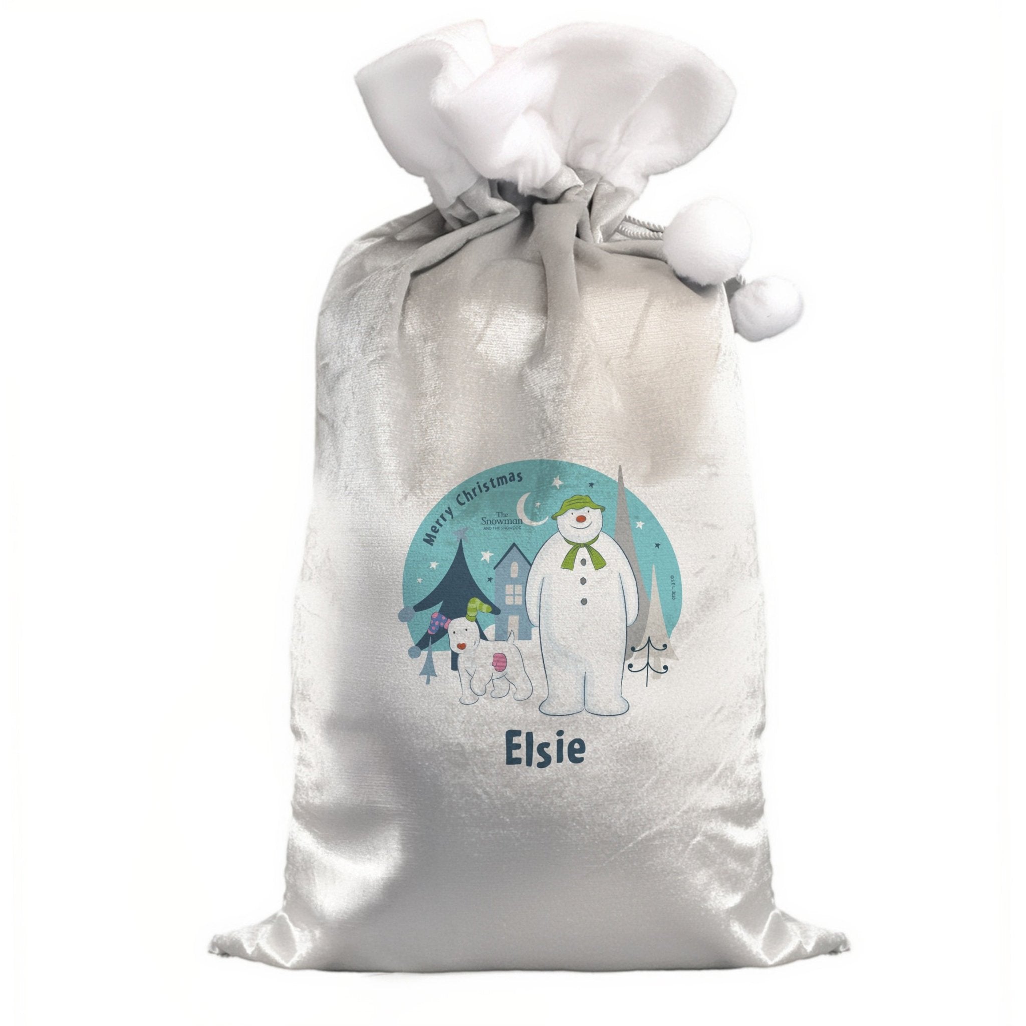 Personalised The Snowman and the Snowdog Luxury Silver Grey Pom Pom Sack | Inspired Creative Gifts | UK Supplier