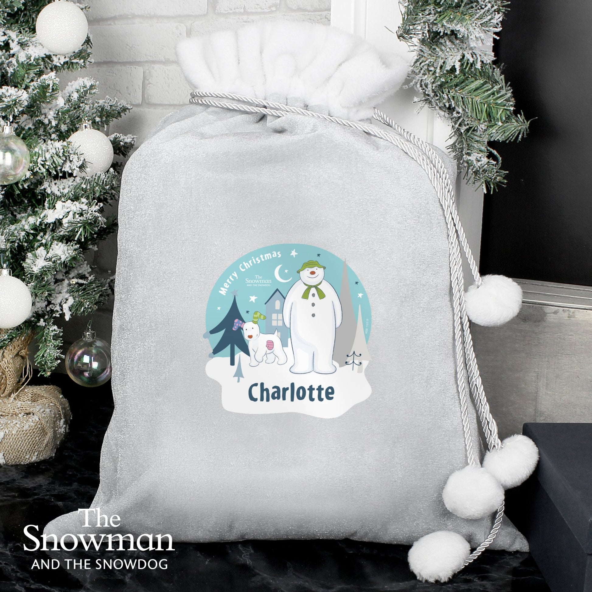 Personalised The Snowman and the Snowdog Luxury Silver Grey Pom Pom Sack | Inspired Creative Gifts | UK Supplier
