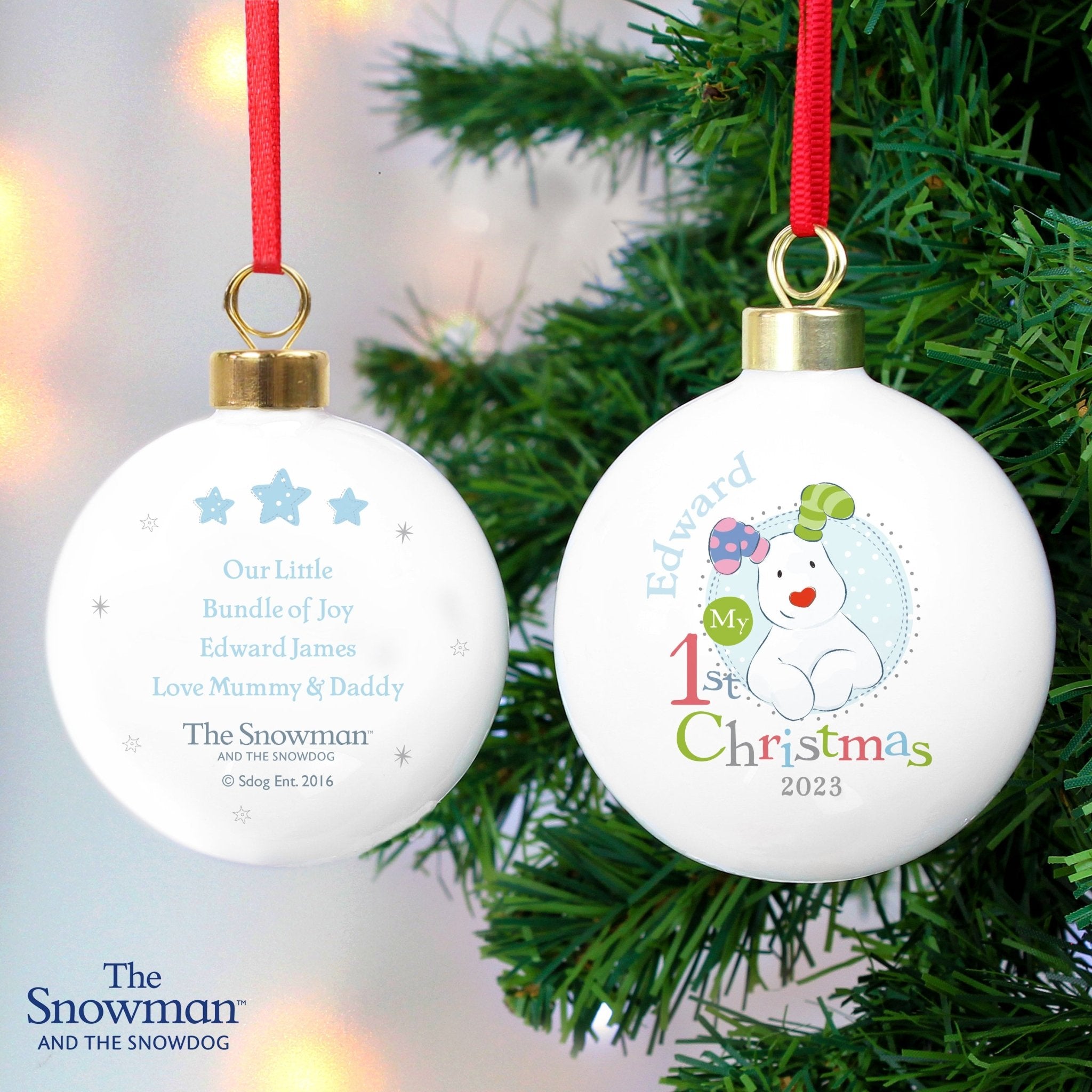 Personalised The Snowman and the Snowdog My 1st Christmas Blue Bauble | Inspired Creative Gifts | UK Supplier