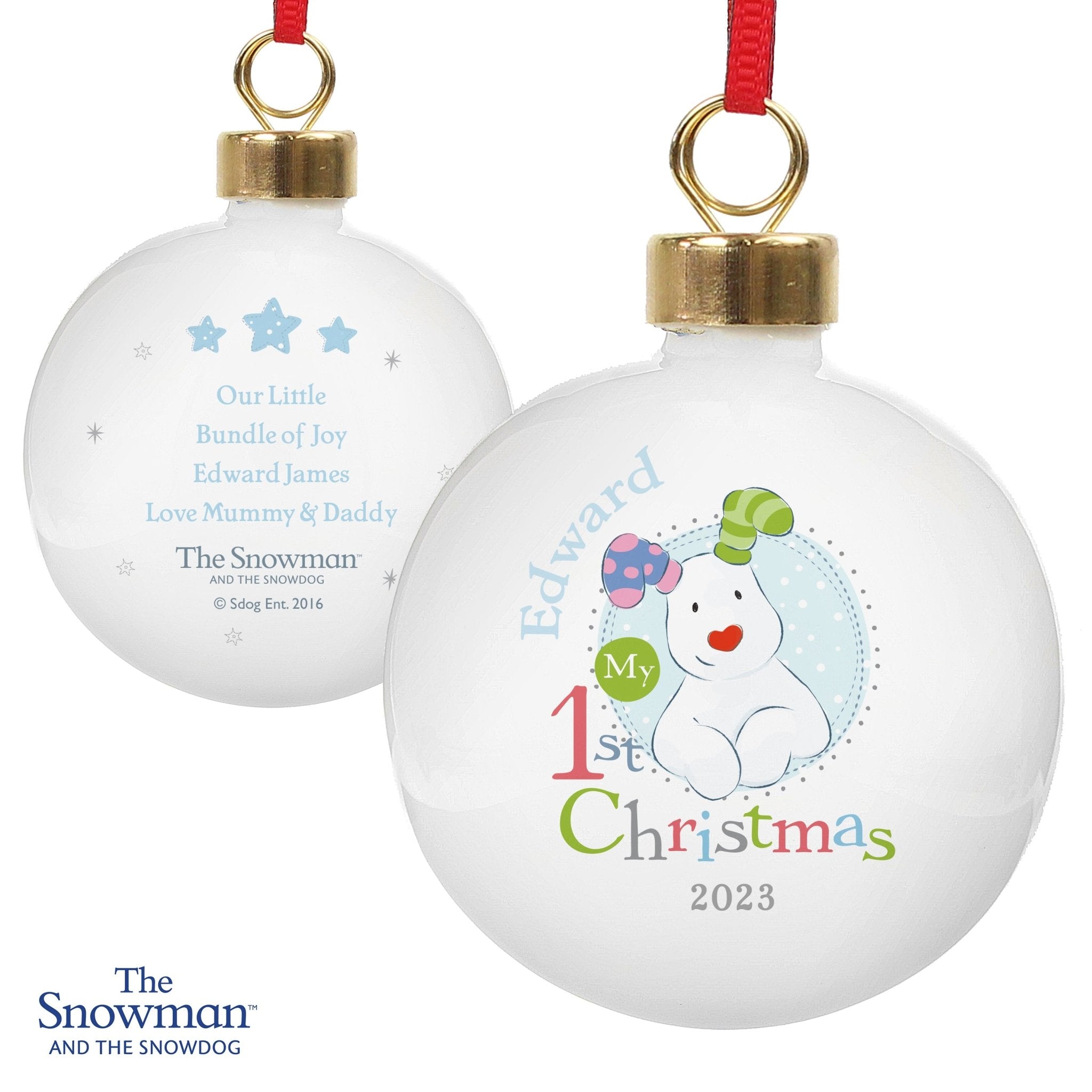 Personalised The Snowman and the Snowdog My 1st Christmas Blue Bauble | Inspired Creative Gifts | UK Supplier