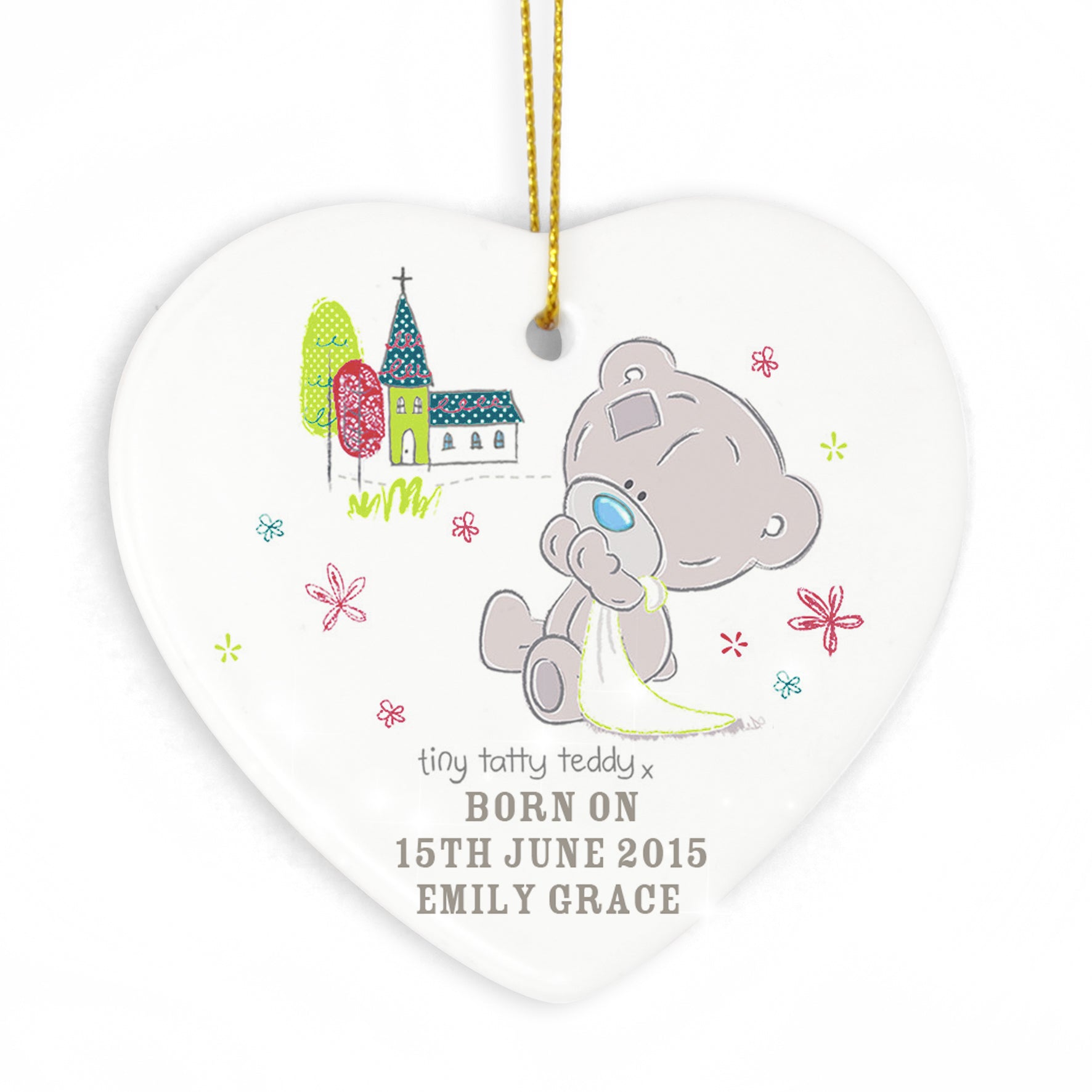 Personalised Tiny Tatty Teddy Christening Ceramic Heart Decoration | Inspired Creative Gifts | UK Supplier