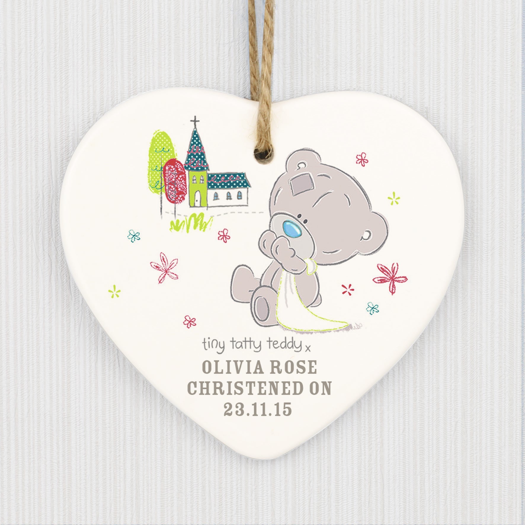 Personalised Tiny Tatty Teddy Christening Ceramic Heart Decoration | Inspired Creative Gifts | UK Supplier