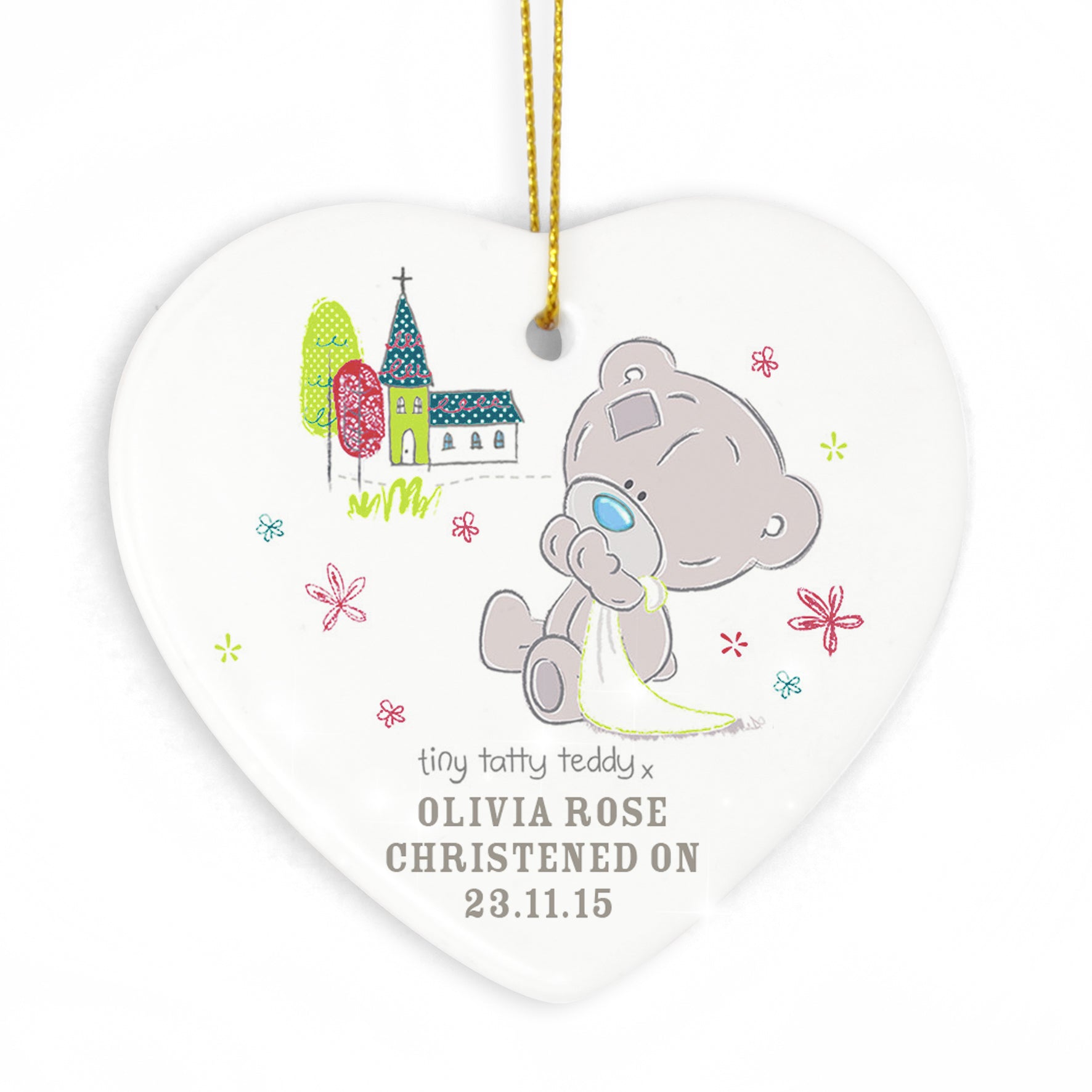 Personalised Tiny Tatty Teddy Christening Ceramic Heart Decoration | Inspired Creative Gifts | UK Supplier
