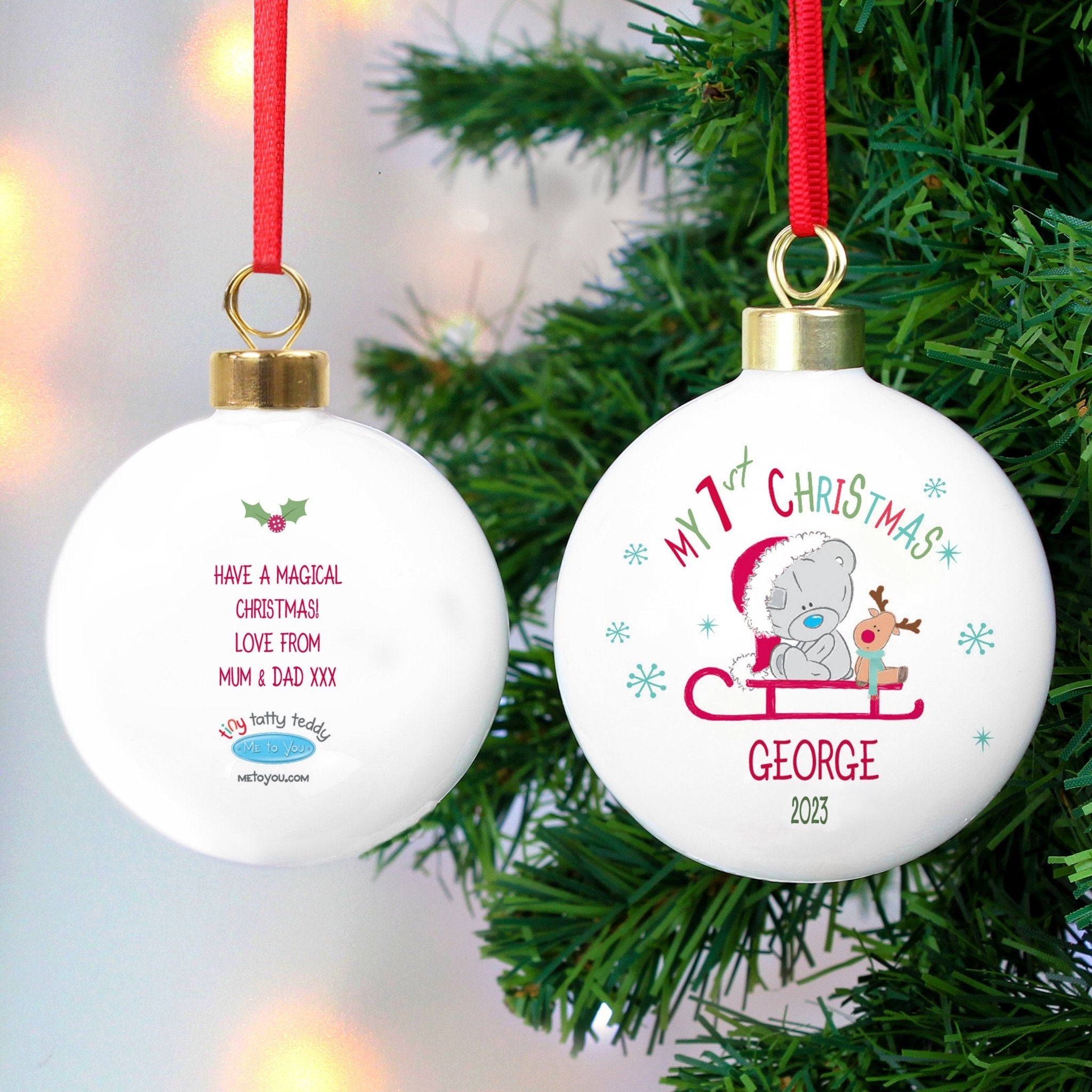 Personalised Tiny Tatty Teddy My 1st Christmas Sleigh Bauble | Inspired Creative Gifts | UK Supplier