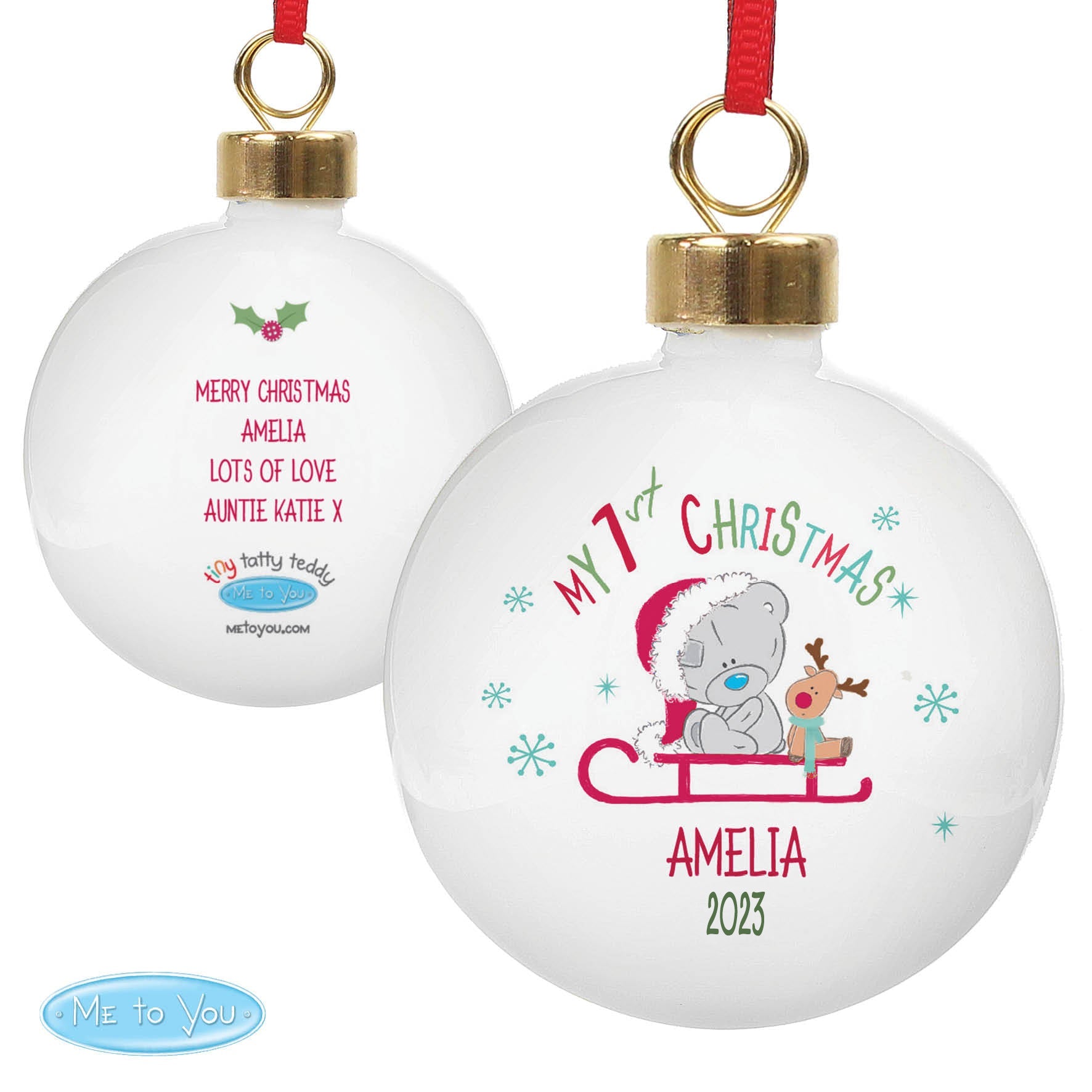 Personalised Tiny Tatty Teddy My 1st Christmas Sleigh Bauble | Inspired Creative Gifts | UK Supplier