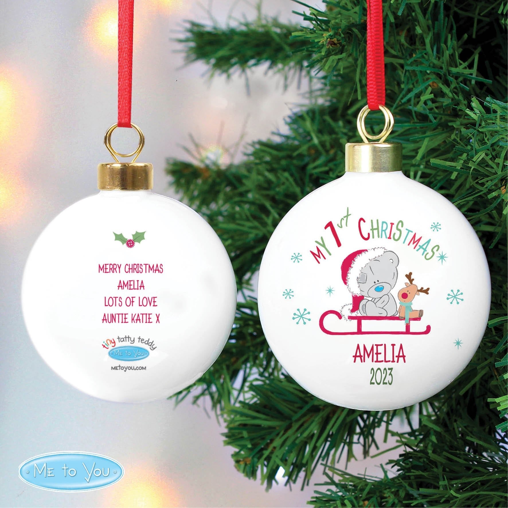 Personalised Tiny Tatty Teddy My 1st Christmas Sleigh Bauble | Inspired Creative Gifts | UK Supplier