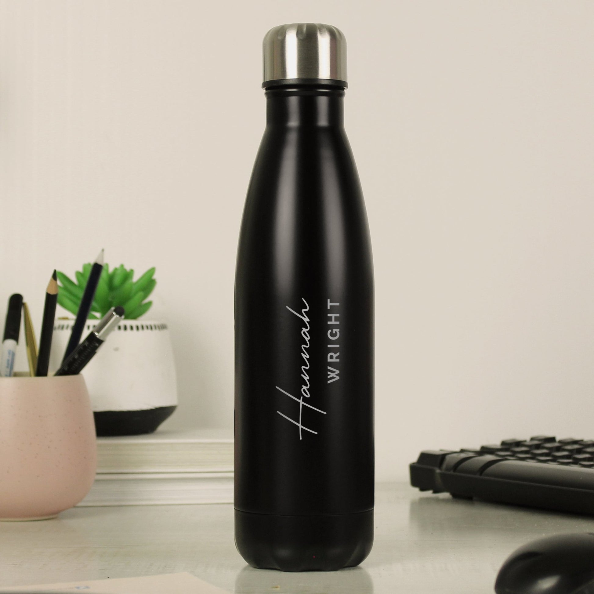 Personalised Two Lines Black Metal Insulated Drinks Bottle | Inspired Creative Gifts