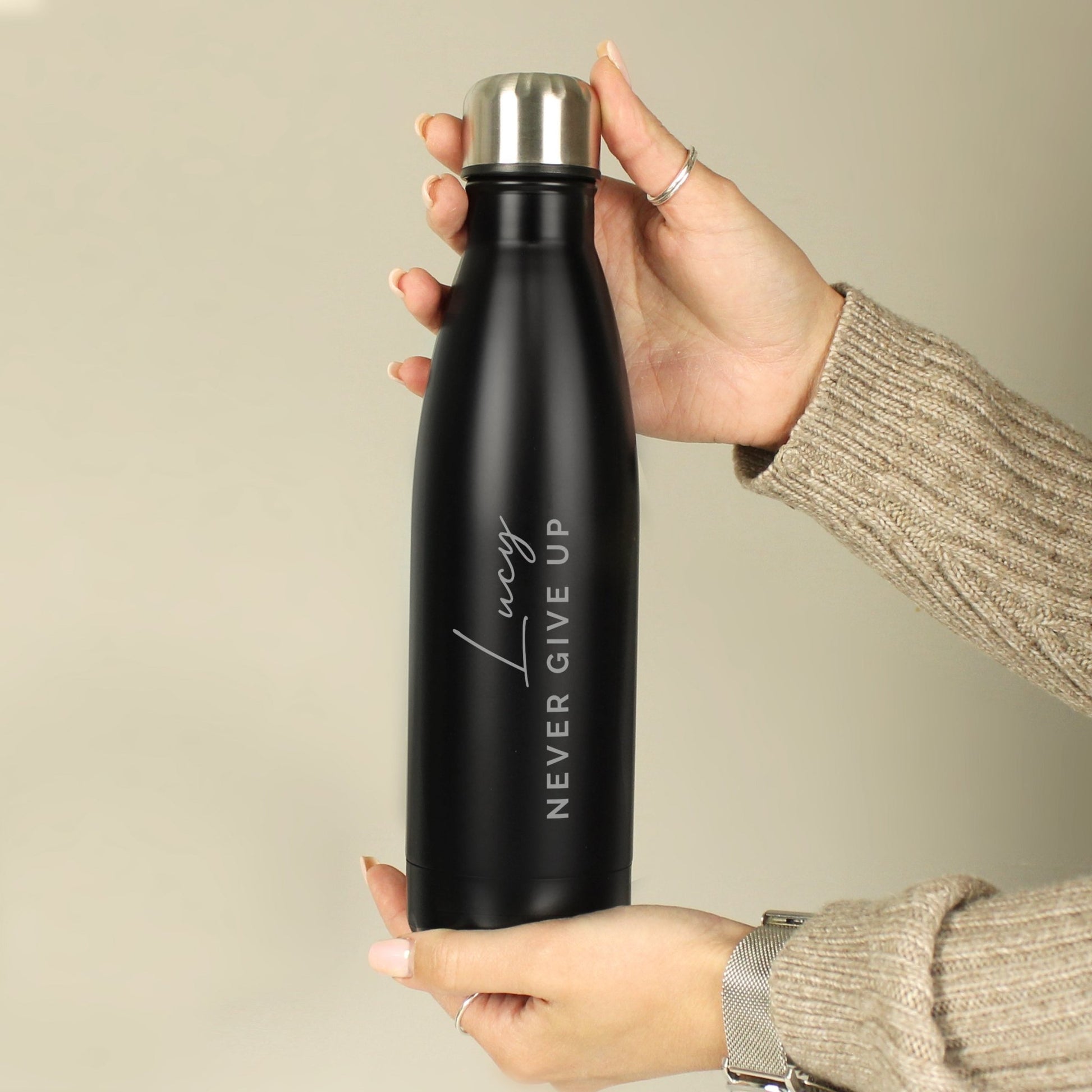 Personalised Two Lines Black Metal Insulated Drinks Bottle | Inspired Creative Gifts