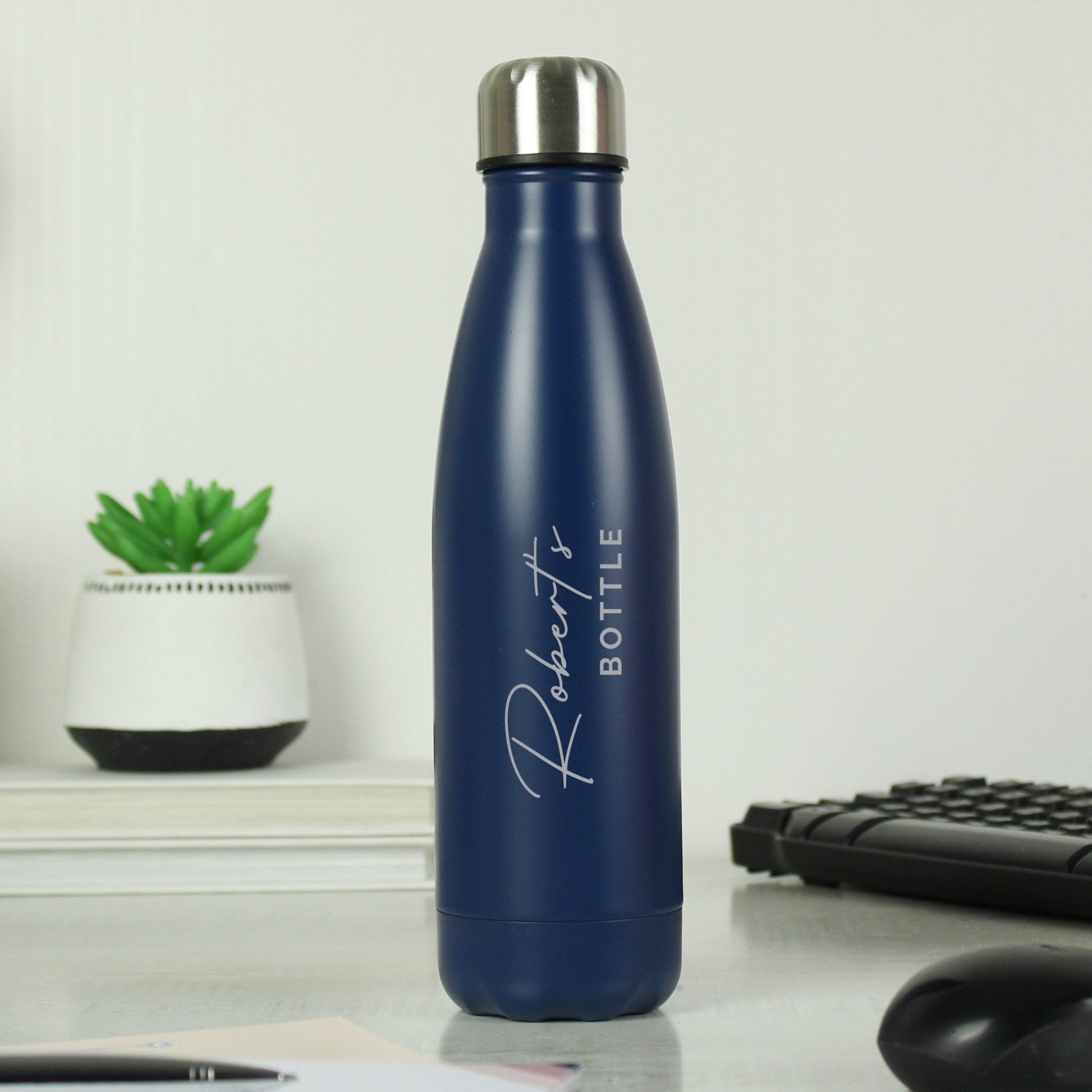 Personalised Two Lines Navy Metal Insulated Drinks Bottle | Inspired Creative Gifts