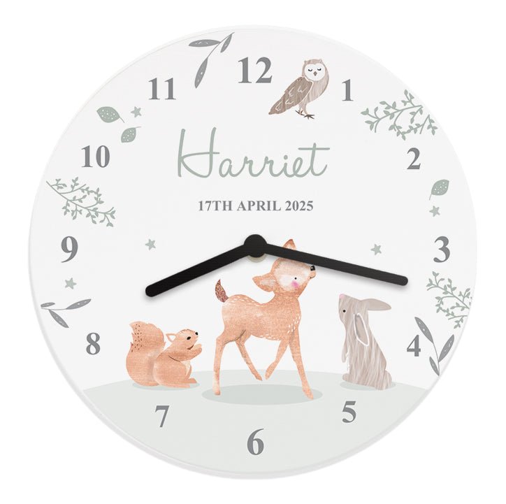 Personalised Woodland Animals Wooden Nursery Clock | Inspired Creative Gifts | UK Supplier