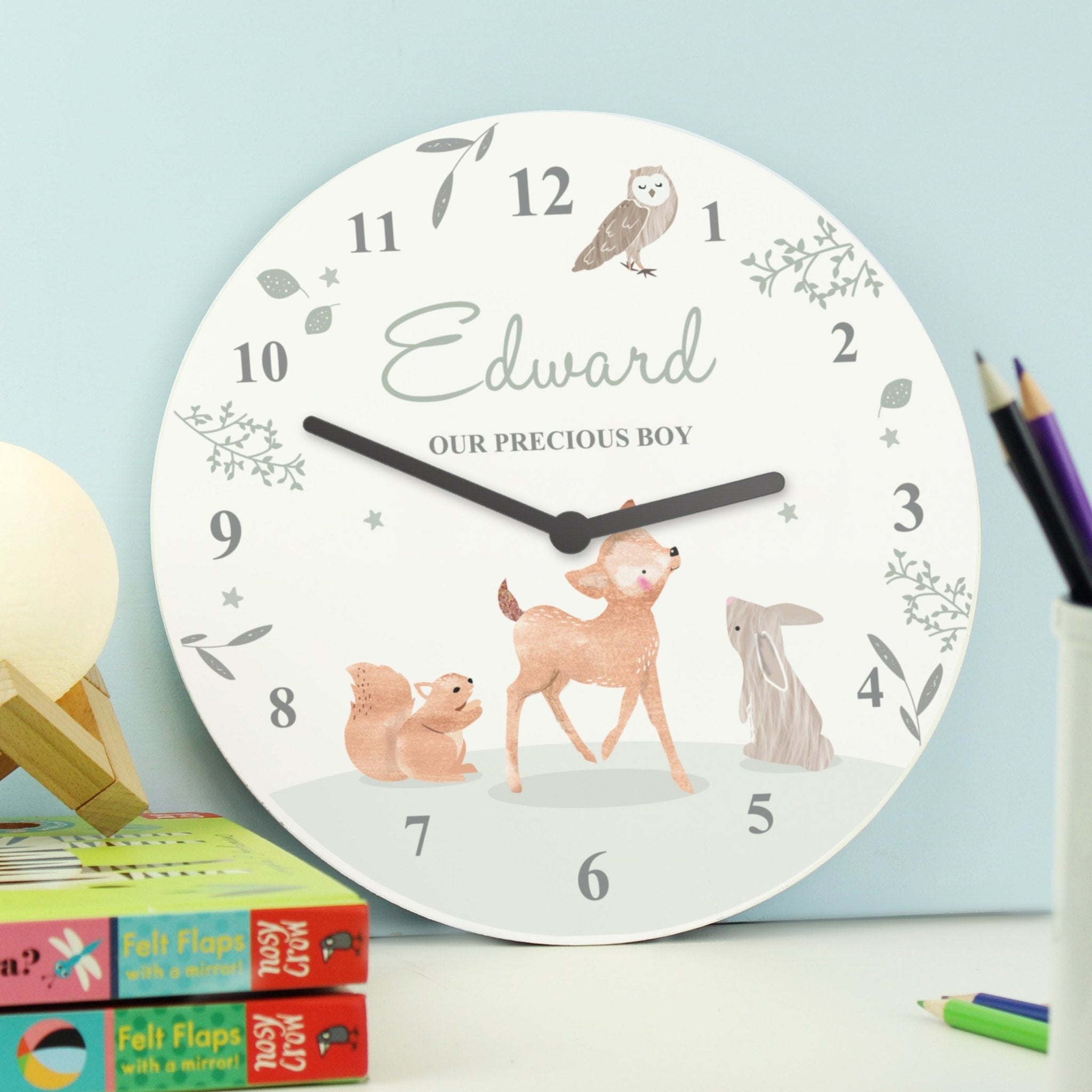 Personalised Woodland Animals Wooden Nursery Clock | Inspired Creative Gifts | UK Supplier