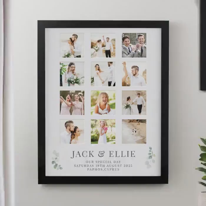 Personalised Botanical Multi Photo Frame | Holds 12 Photos, Black Wedding Keepsake