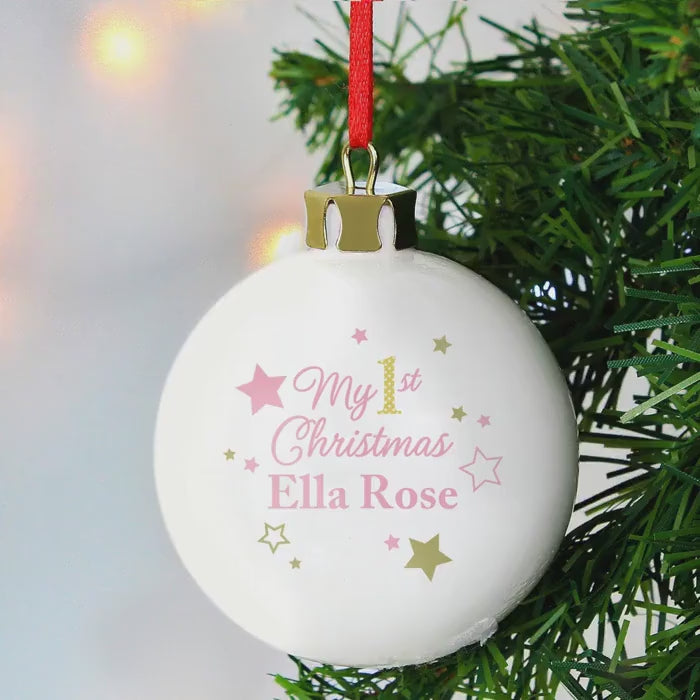 Personalised 1st Christmas Bauble – Gold & Pink Stars Ornament