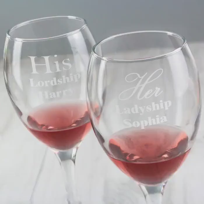 His and Her Engraved Wine Glass Set, Couples Gift for Weddings & Anniversaries