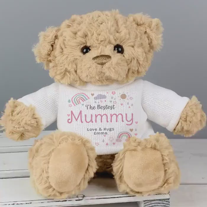 Personalised Plush Teddy Bear with Rainbows and Sunshine, Perfect for Birthdays and Weddings