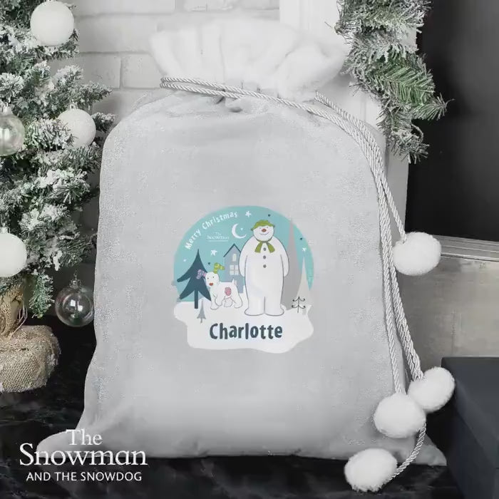 Personalized Snowman & Snowdog Grey Christmas Sack with Pom Poms