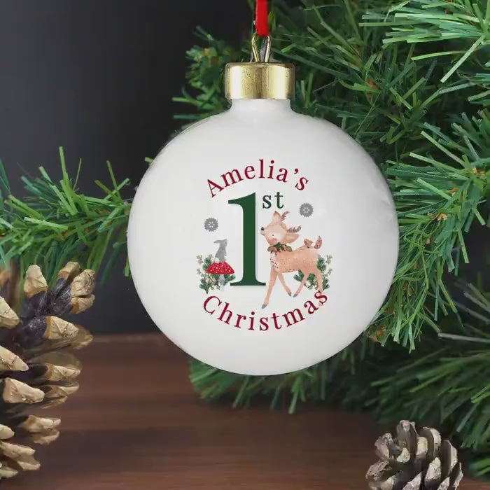 Personalised 1st Christmas Gift Festive Fawn Bauble