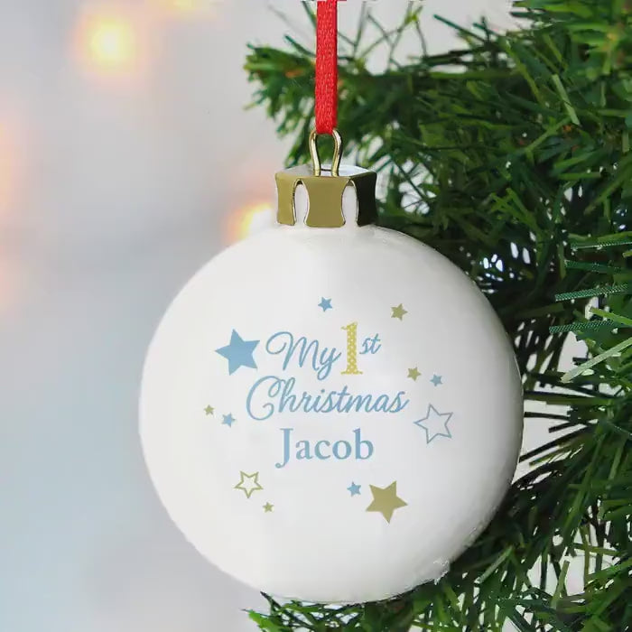 Personalised My 1st Christmas Bauble: Gold & Blue Stars Keepsake, Baby First Christmas