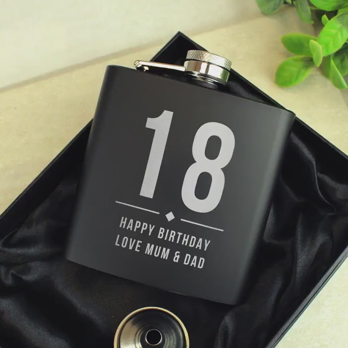 Personalised 6oz Black Stainless Steel Hip Flask for Birthdays, Father's Day