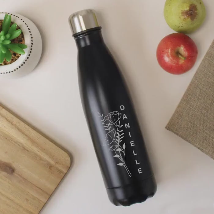 Personalised Floral Black Insulated Water Bottle | Custom Name