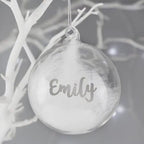 Personalised Silver Glitter Feather Glass Bauble - Holiday Decor