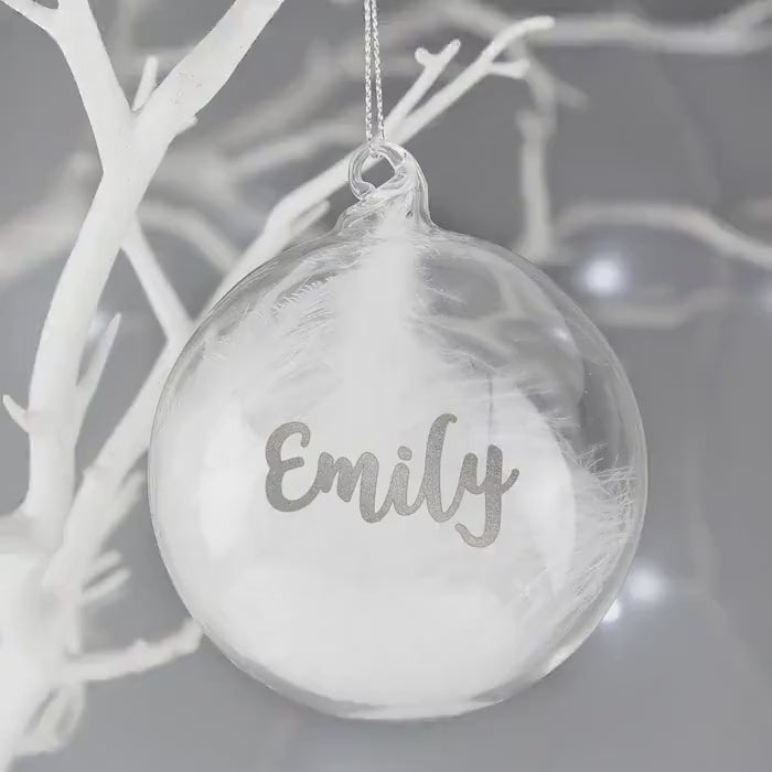 Personalised Silver Glitter Feather Glass Bauble - Holiday Decor