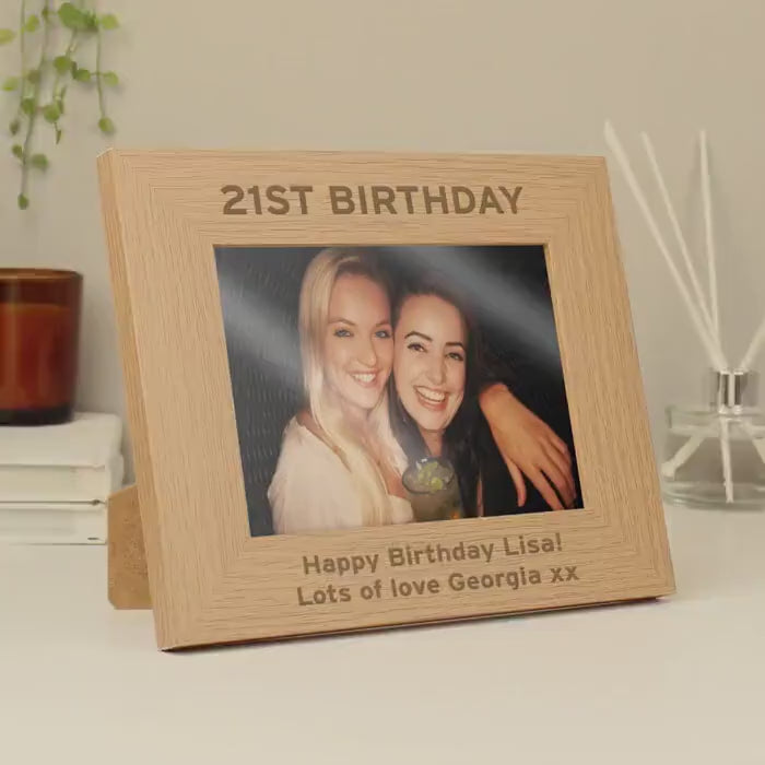 Personalised Oak Photo Frame: Bold Text Birthday Gift (5x7 Landscape)