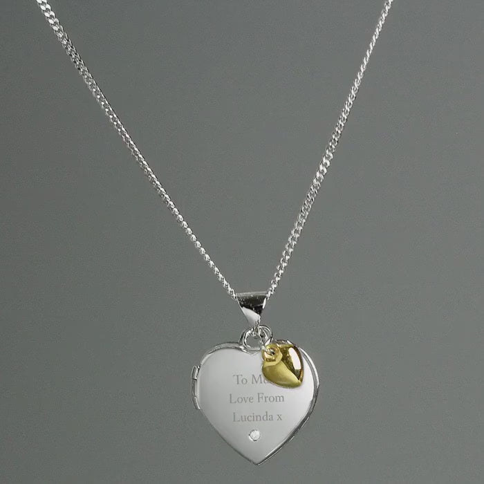 Personalised Sterling Silver Heart Locket Necklace | Diamond Accent, Gold Plated Detail