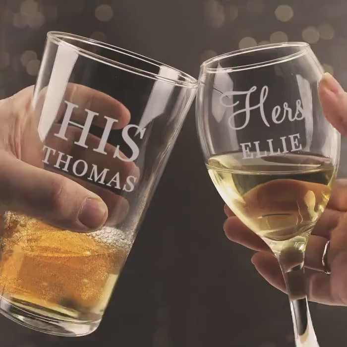 Personalised His & Her Pint and Wine Custom Glass Set, Couples Gift