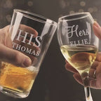 Personalised His & Her Pint and Wine Custom Glass Set, Couples Gift
