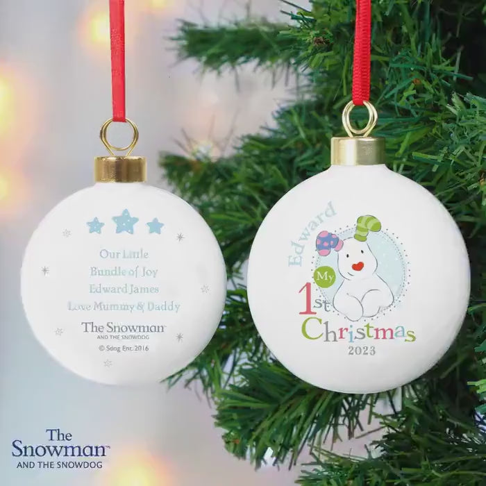 Personalised The Snowman and Snowdog My 1st Christmas Blue Bauble