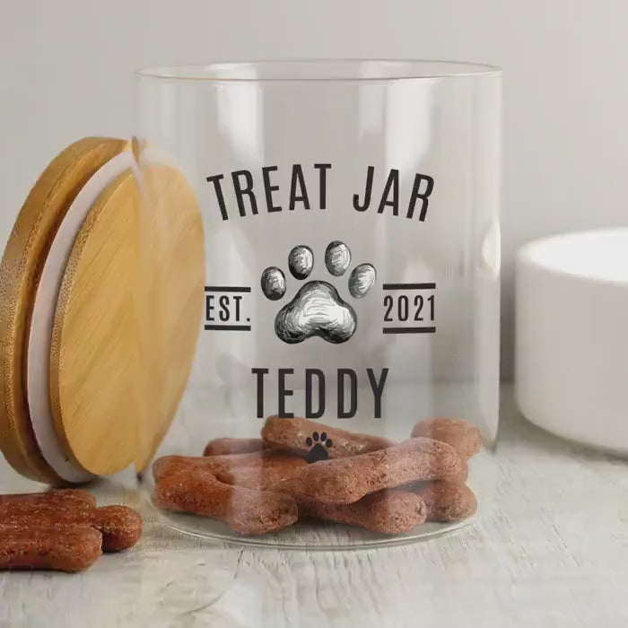 Personalised Pet Treats Jar with Bamboo Lid, Airtight Storage, Gift for Pet Lovers