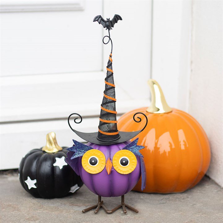 Purple Metal Owl Ornament with Witch Hat | Inspired Creative Gifts | UK Supplier