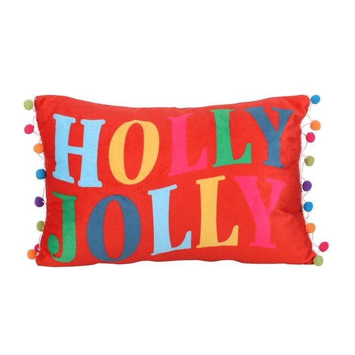 Red Holly Jolly Cushion with Pom Poms | Inspired Creative Gifts | UK Supplier