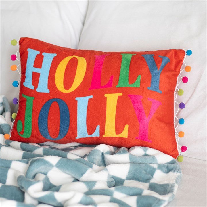 Red Holly Jolly Cushion with Pom Poms | Inspired Creative Gifts | UK Supplier