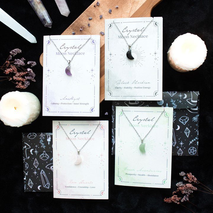Rose Quartz Crystal Moon Necklace on Greeting Card | Inspired Creative Gifts | UK Supplier
