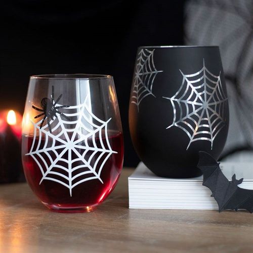 Set of 2 Spider and Web Stemless Wine Glasses | Inspired Creative Gifts | UK Supplier