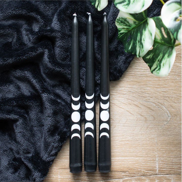 Set of 3 Black Magic Moon Phase Taper Candles | Inspired Creative Gifts | UK Supplier