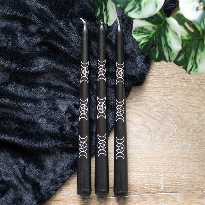Set of 3 Black Magic Triple Moon Taper Candles | Inspired Creative Gifts | UK Supplier
