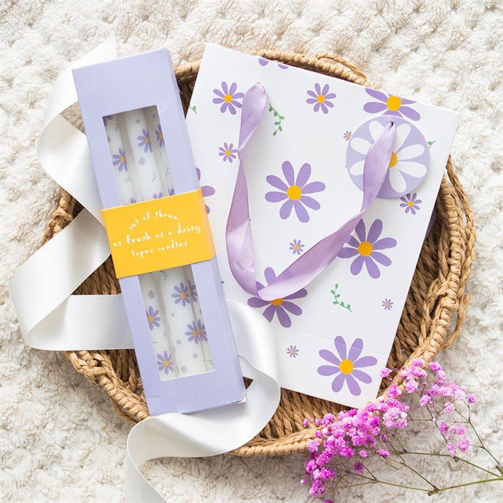 Set of 3 Purple Daisy Taper Candles | Inspired Creative Gifts | UK Supplier