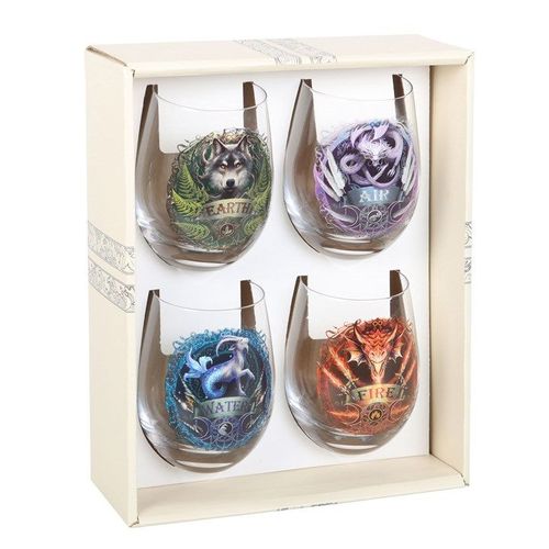 Set of 4 Elemental Stemless Wine Glasses by Anne Stokes | Inspired Creative Gifts | UK Supplier
