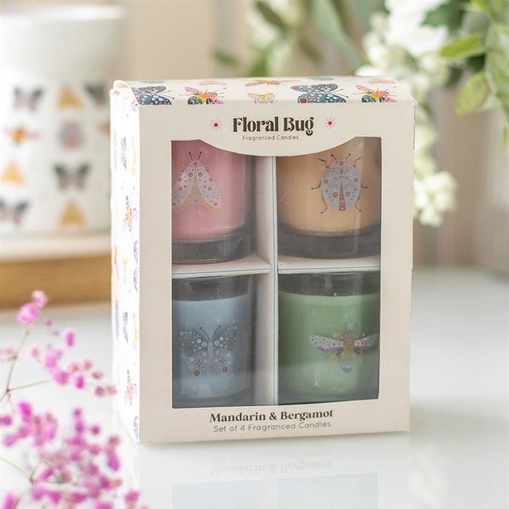 Set of 4 Floral Bug Mandarin & Bergamot Candles | Inspired Creative Gifts | UK Supplier