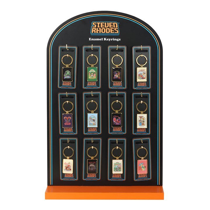 Set of 48 Enamel Keyrings by Steven Rhodes on Display | Inspired Creative Gifts | UK Supplier